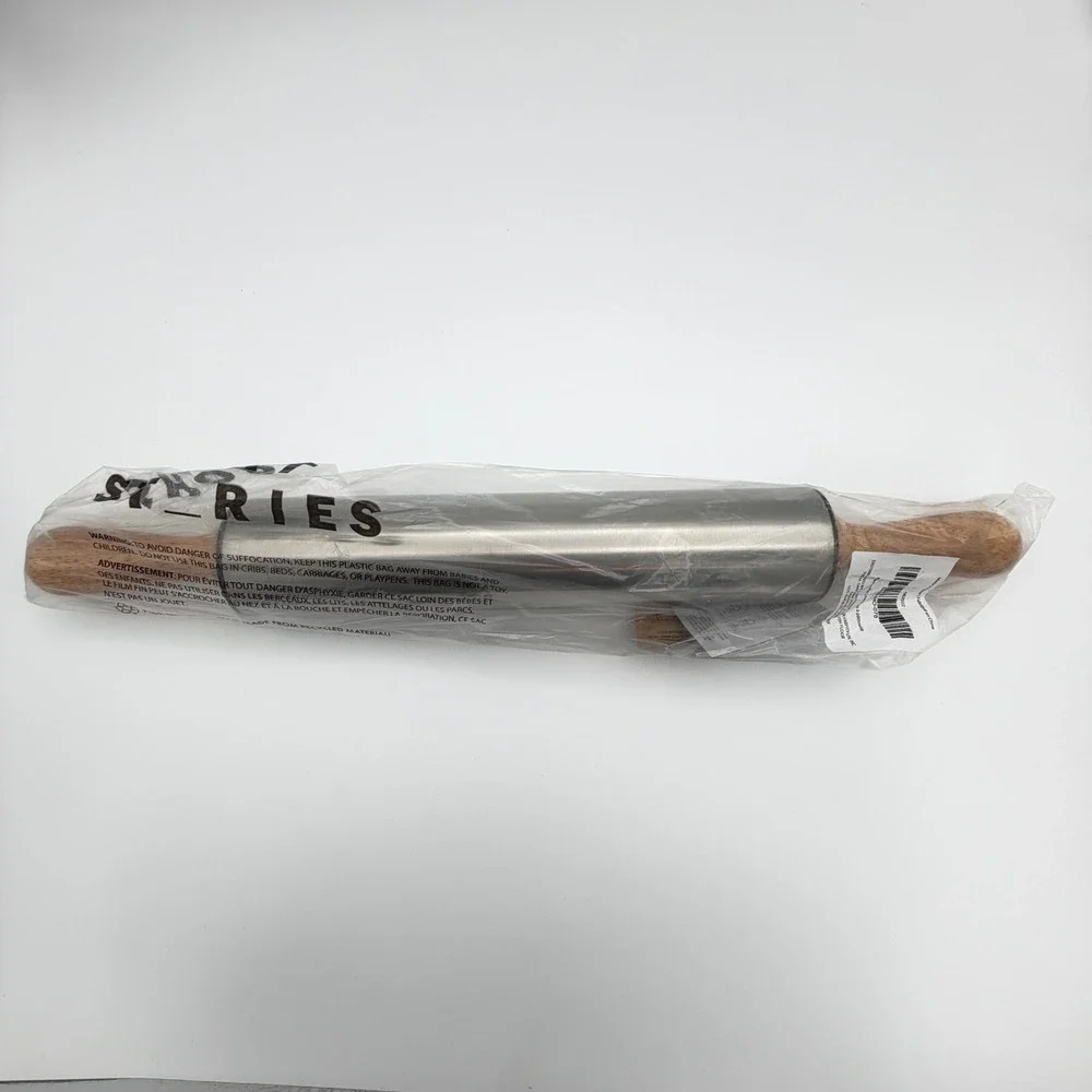 Short Stories 17 Inch Stainless Steel Rolling Pin Wood Handles FabFitFun NWT